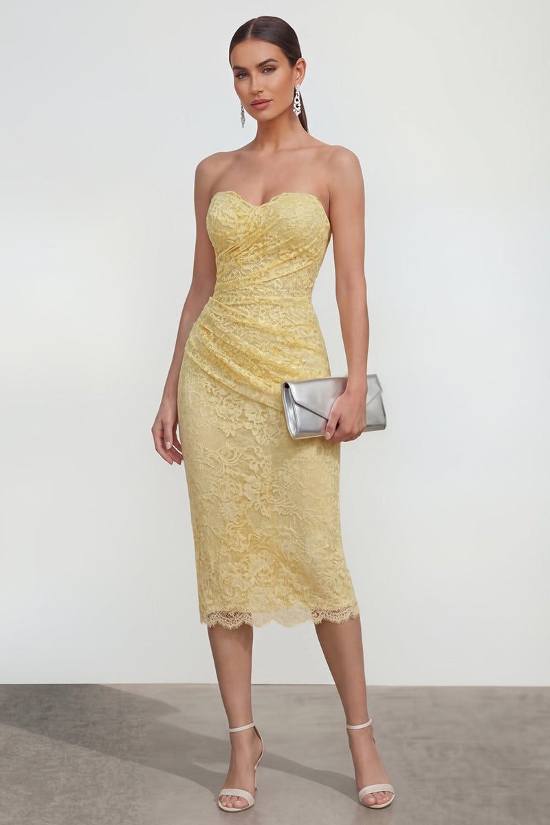 Laden Sie das Bild in den Galerie-Viewer, Liebling Buttergelb Figurbetont Midi Spitze Blumen Hochzeitsgästekleid mit Rückenschlitz