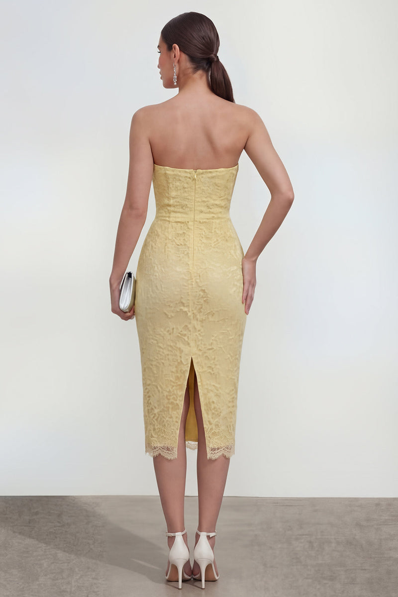 Laden Sie das Bild in den Galerie-Viewer, Liebling Buttergelb Figurbetont Midi Spitze Blumen Hochzeitsgästekleid mit Rückenschlitz