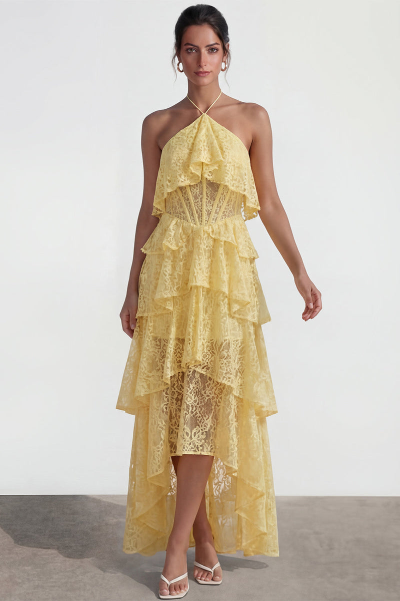 Laden Sie das Bild in den Galerie-Viewer, Halfter Korsett Spitze Blumen Gelb A Linie Hoch Niedrig Hochzeitsgästekleid mit Rüschen