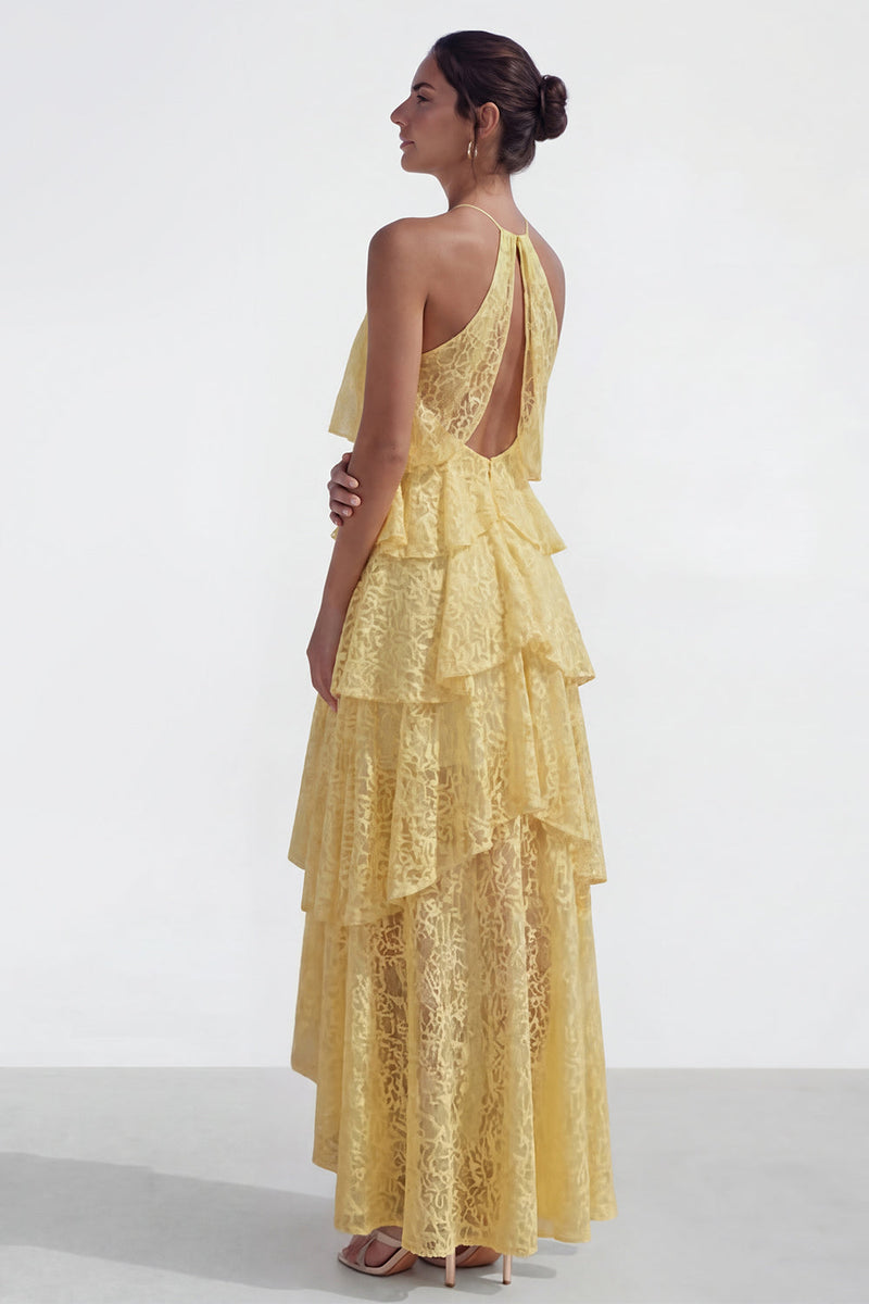 Laden Sie das Bild in den Galerie-Viewer, Halfter Korsett Spitze Blumen Gelb A Linie Hoch Niedrig Hochzeitsgästekleid mit Rüschen