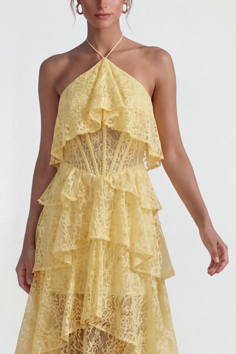 Laden Sie das Bild in den Galerie-Viewer, Halfter Korsett Spitze Blumen Gelb A Linie Hoch Niedrig Hochzeitsgästekleid mit Rüschen