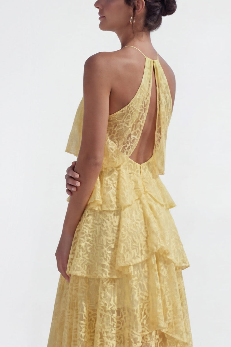 Laden Sie das Bild in den Galerie-Viewer, Halfter Korsett Spitze Blumen Gelb A Linie Hoch Niedrig Hochzeitsgästekleid mit Rüschen