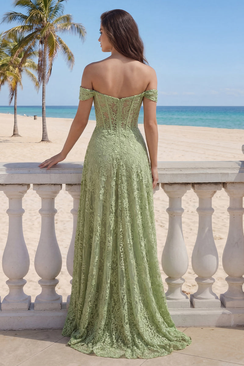 Laden Sie das Bild in den Galerie-Viewer, Salbeigrün Korsett Blumen Spitze A Linie Lang Ballkleid mit Schlitz