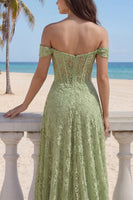 Laden Sie das Bild in den Galerie-Viewer, Salbeigrün Korsett Blumen Spitze A Linie Lang Ballkleid mit Schlitz
