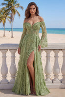 Laden Sie das Bild in den Galerie-Viewer, Lange Ärmel Salbeigrün Blumen Spitze A Linie Perlenstickerei Lang Ballkleid mit Schlitz
