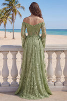 Laden Sie das Bild in den Galerie-Viewer, Lange Ärmel Salbeigrün Blumen Spitze A Linie Perlenstickerei Lang Ballkleid mit Schlitz