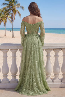 Lange Ärmel Salbeigrün Blumen Spitze A Linie Perlenstickerei Lang Ballkleid mit Schlitz