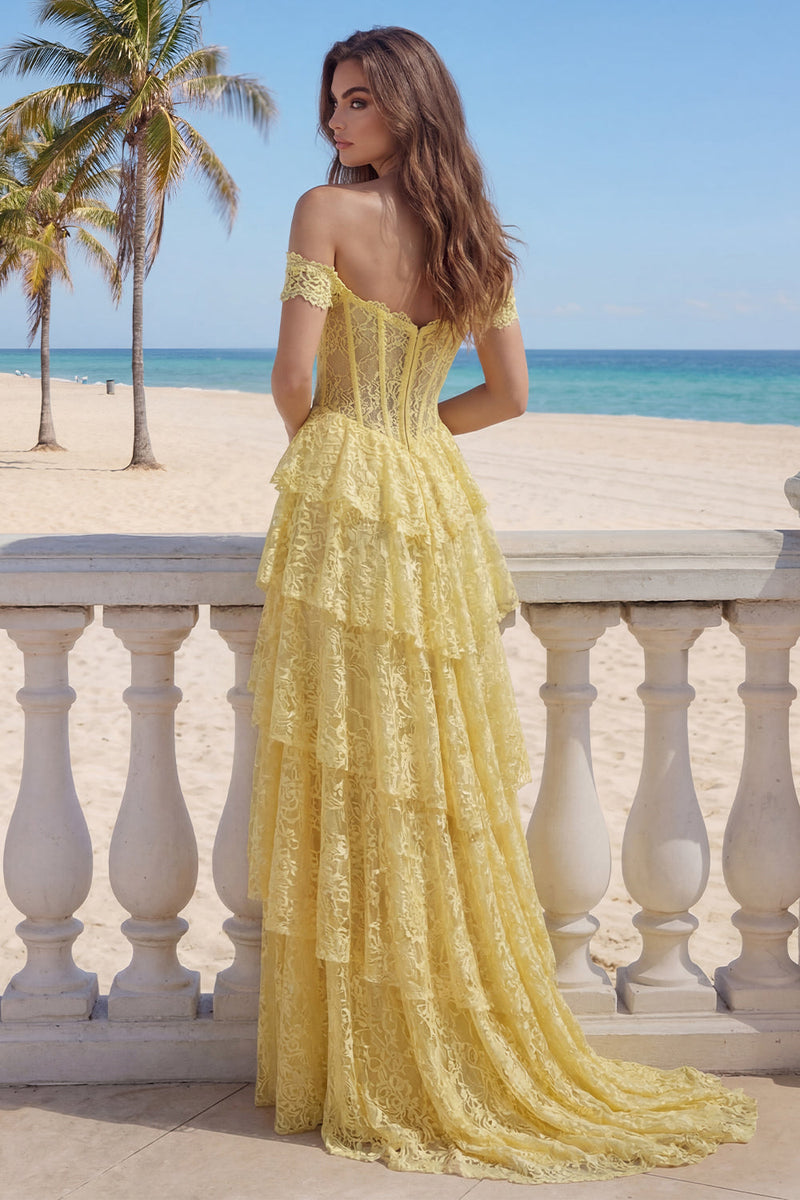 Laden Sie das Bild in den Galerie-Viewer, Gerafft Meerjungfrau Buttergelb Blumen Spitze Lang Korsett Ballkleid mit Schlitz