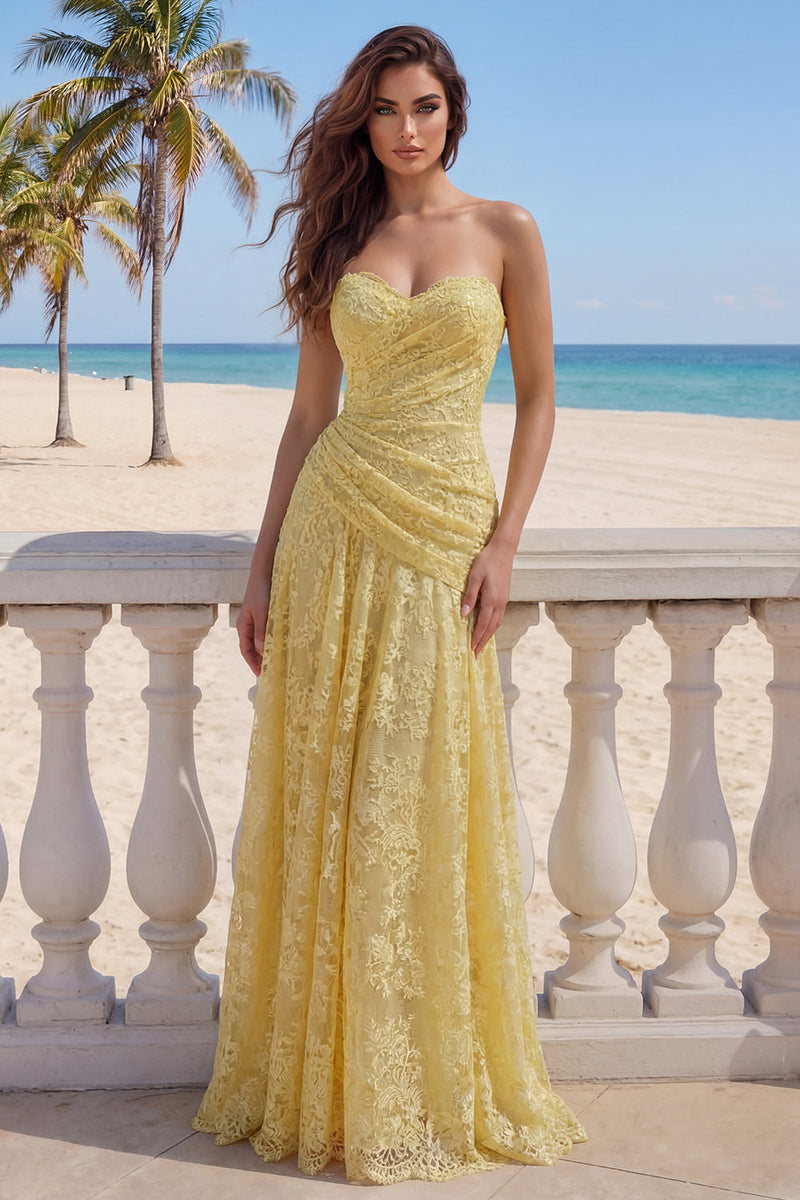 Laden Sie das Bild in den Galerie-Viewer, Liebling Buttergelb Blumen Spitze Lang Scheide Rüschen Ballkleid