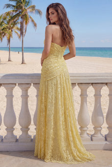 Liebling Buttergelb Blumen Spitze Lang Scheide Rüschen Ballkleid