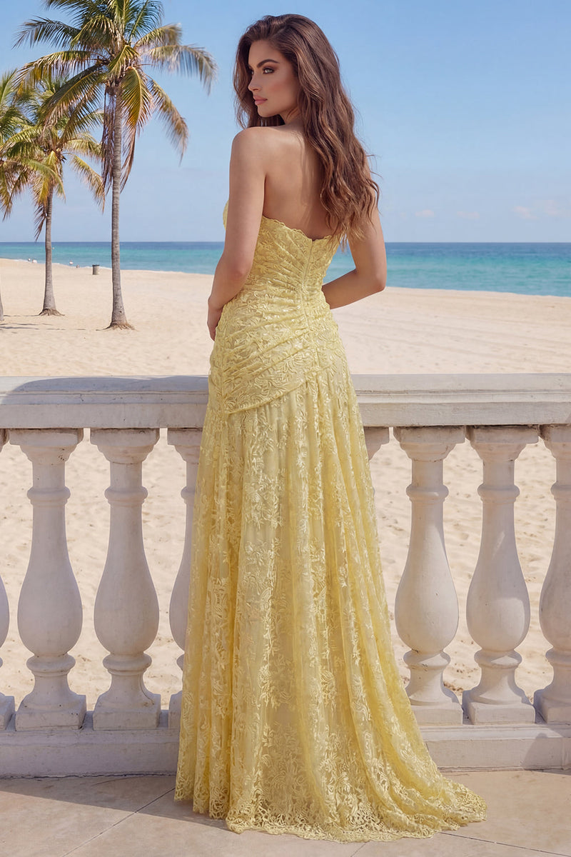 Laden Sie das Bild in den Galerie-Viewer, Liebling Buttergelb Blumen Spitze Lang Scheide Rüschen Ballkleid