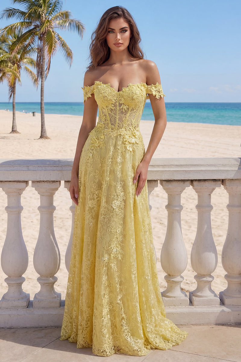 Laden Sie das Bild in den Galerie-Viewer, Schulterfrei Buttergelb Blumen Spitze Lang A Linie Korsett Ballkleid