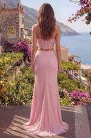 Laden Sie das Bild in den Galerie-Viewer, Korsett Trägerlos Zweiteilig Glitzerndes Rosa Perlenstickerei Lang Ballkleid mit Perlen