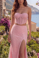Laden Sie das Bild in den Galerie-Viewer, Korsett Trägerlos Zweiteilig Glitzerndes Rosa Perlenstickerei Lang Ballkleid mit Perlen