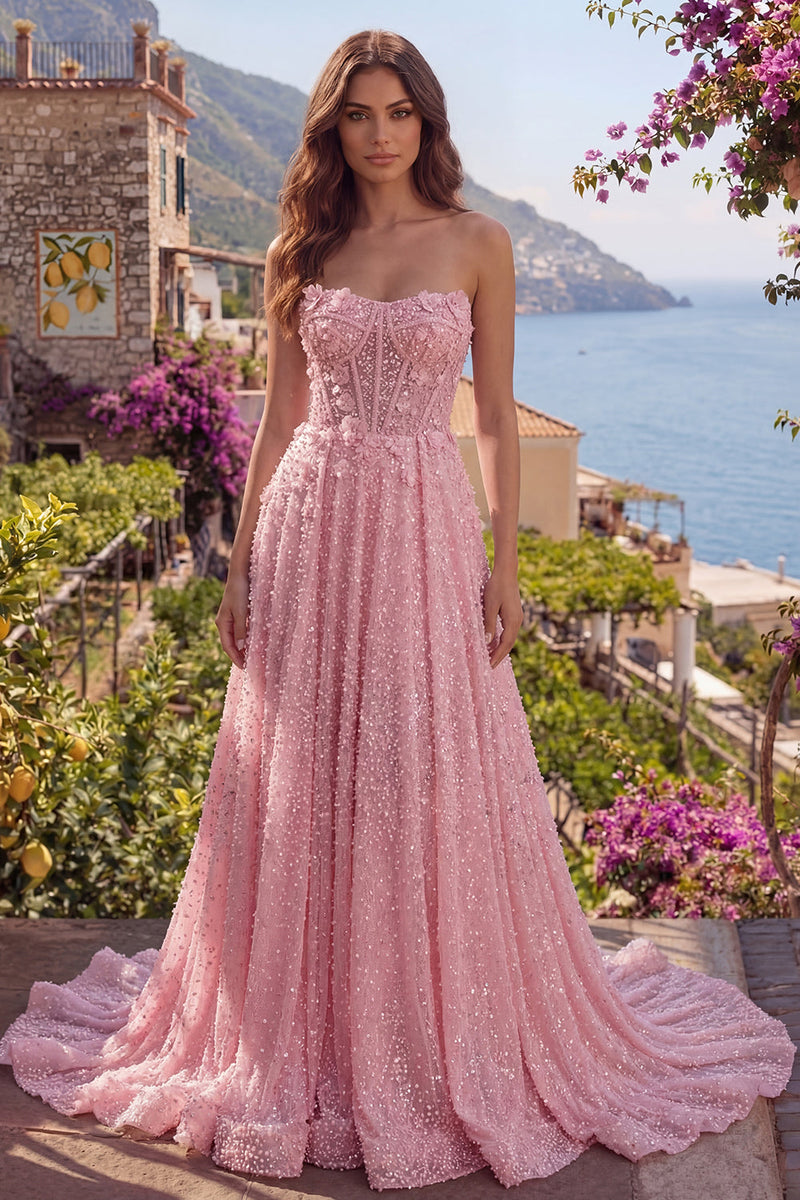 Laden Sie das Bild in den Galerie-Viewer, Glitzerndes Rosa A Linie Perlenstickerei Blumen Korsett Trägerlos Lang Ballkleid