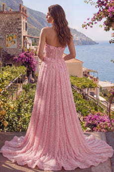 Glitzerndes Rosa A Linie Perlenstickerei Blumen Korsett Trägerlos Lang Ballkleid
