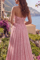 Laden Sie das Bild in den Galerie-Viewer, Glitzerndes Rosa A Linie Perlenstickerei Blumen Korsett Trägerlos Lang Ballkleid