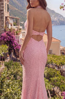 Laden Sie das Bild in den Galerie-Viewer, Halfter Rückenfrei Meerjungfrau Glitzerndes Rosa Lang Perlenstickerei Ballkleid mit Schlitz