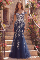 Laden Sie das Bild in den Galerie-Viewer, Blumen Kühle Schulter Meerjungfrau Marine Glitzer Lang Ballkleid