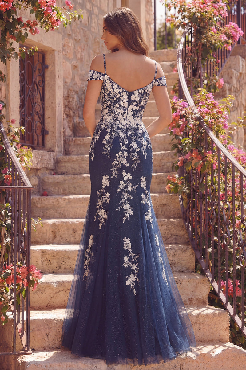 Laden Sie das Bild in den Galerie-Viewer, Blumen Kühle Schulter Meerjungfrau Marine Glitzer Lang Ballkleid