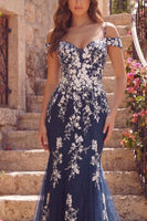 Laden Sie das Bild in den Galerie-Viewer, Blumen Kühle Schulter Meerjungfrau Marine Glitzer Lang Ballkleid
