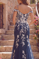 Laden Sie das Bild in den Galerie-Viewer, Blumen Kühle Schulter Meerjungfrau Marine Glitzer Lang Ballkleid