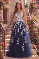 Laden Sie das Bild in den Galerie-Viewer, A Linie Trägerlos Blumen Glitzerndes Marineblau Lang Ballkleid