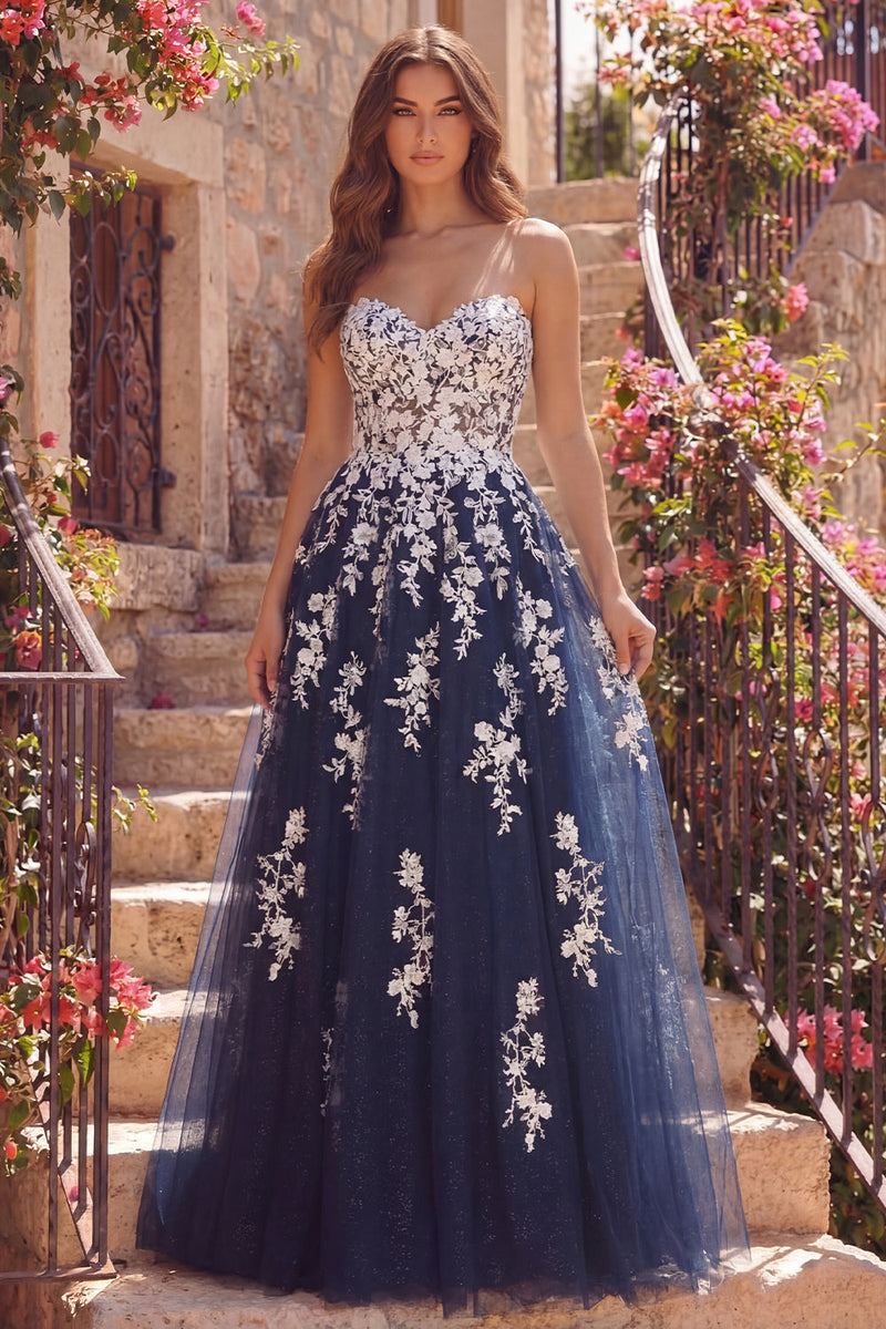 Laden Sie das Bild in den Galerie-Viewer, A Linie Trägerlos Blumen Glitzerndes Marineblau Lang Ballkleid
