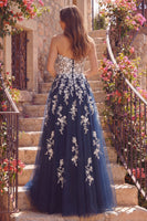 Laden Sie das Bild in den Galerie-Viewer, A Linie Trägerlos Blumen Glitzerndes Marineblau Lang Ballkleid