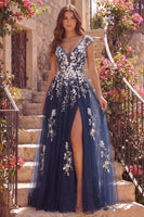 Laden Sie das Bild in den Galerie-Viewer, V-Ausschnitt Glitzer A Linie Blumen Marine Lang Ballkleid mit Schlitz