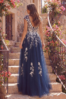 V-Ausschnitt Glitzer A Linie Blumen Marine Lang Ballkleid mit Schlitz