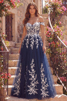 Laden Sie das Bild in den Galerie-Viewer, Schulterfrei A Linie Blumen Glitzerndes Marineblau Lang Ballkleid