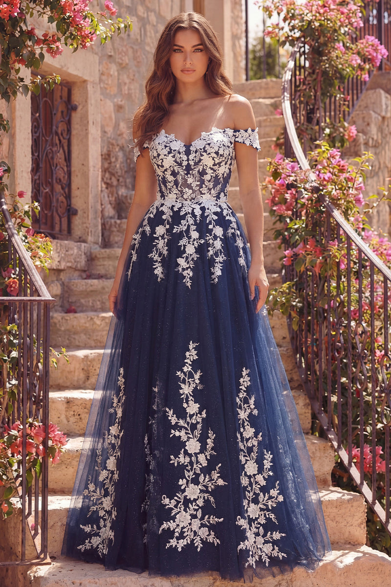Laden Sie das Bild in den Galerie-Viewer, Schulterfrei A Linie Blumen Glitzerndes Marineblau Lang Ballkleid