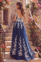 Laden Sie das Bild in den Galerie-Viewer, Schulterfrei A Linie Blumen Glitzerndes Marineblau Lang Ballkleid