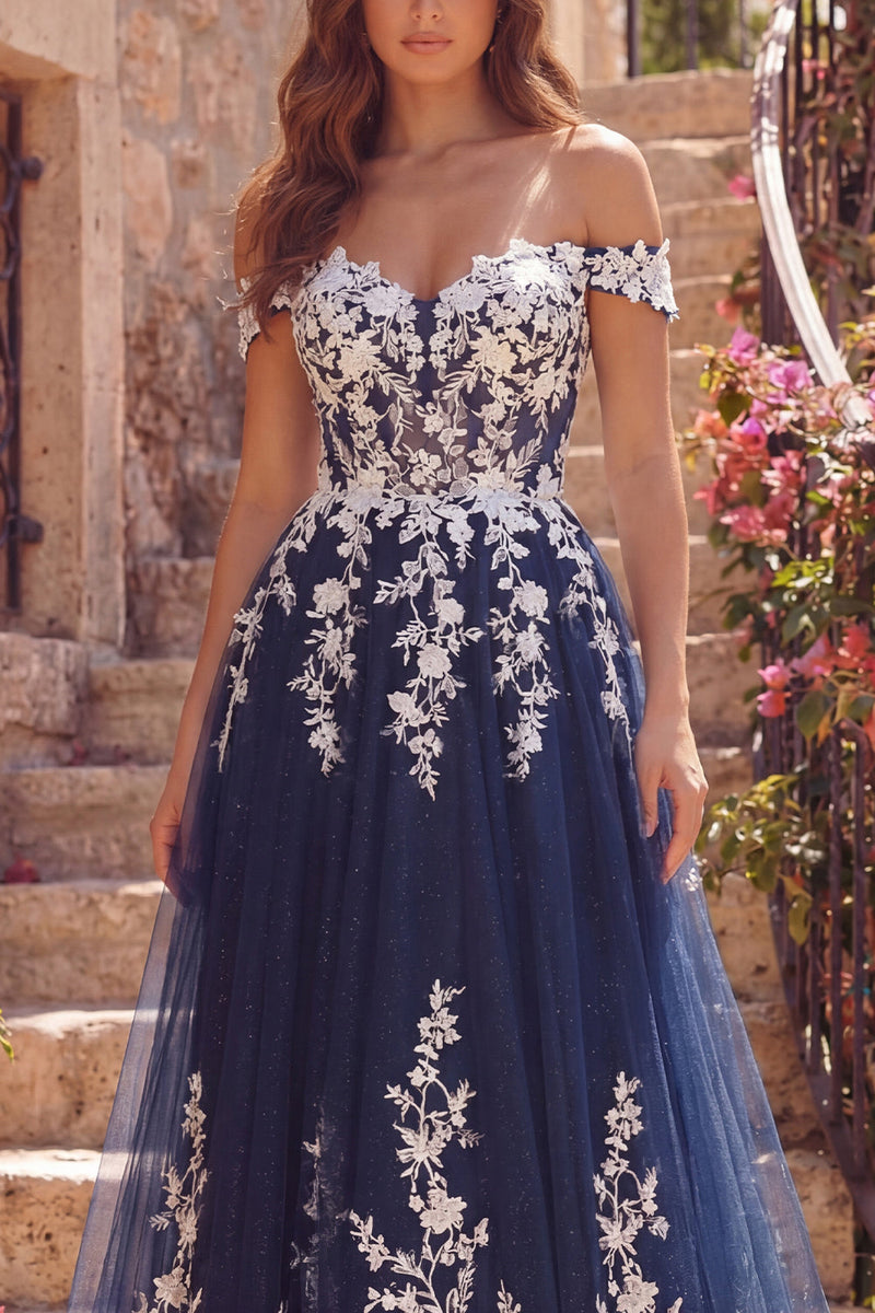 Laden Sie das Bild in den Galerie-Viewer, Schulterfrei A Linie Blumen Glitzerndes Marineblau Lang Ballkleid