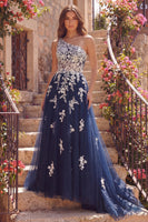 Laden Sie das Bild in den Galerie-Viewer, A Linie Blumen Marine Glitzer Ein Schulter Lang Ballkleid