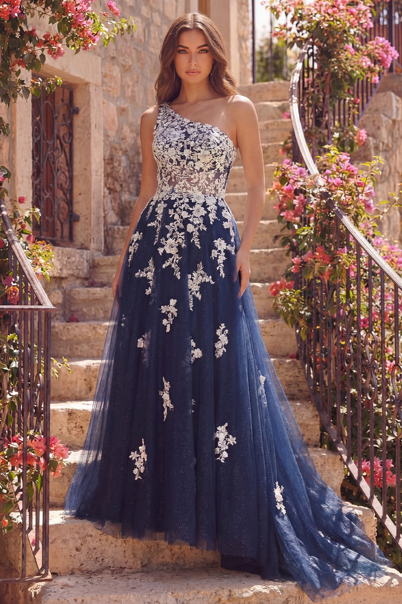 Laden Sie das Bild in den Galerie-Viewer, A Linie Blumen Marine Glitzer Ein Schulter Lang Ballkleid