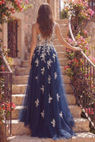 Laden Sie das Bild in den Galerie-Viewer, A Linie Blumen Marine Glitzer Ein Schulter Lang Ballkleid