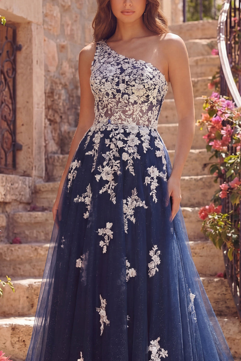 Laden Sie das Bild in den Galerie-Viewer, A Linie Blumen Marine Glitzer Ein Schulter Lang Ballkleid
