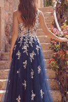 Laden Sie das Bild in den Galerie-Viewer, A Linie Blumen Marine Glitzer Ein Schulter Lang Ballkleid