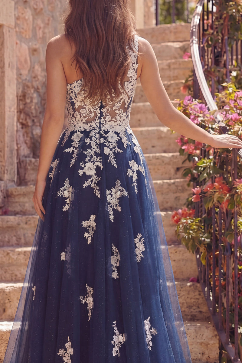 Laden Sie das Bild in den Galerie-Viewer, A Linie Blumen Marine Glitzer Ein Schulter Lang Ballkleid