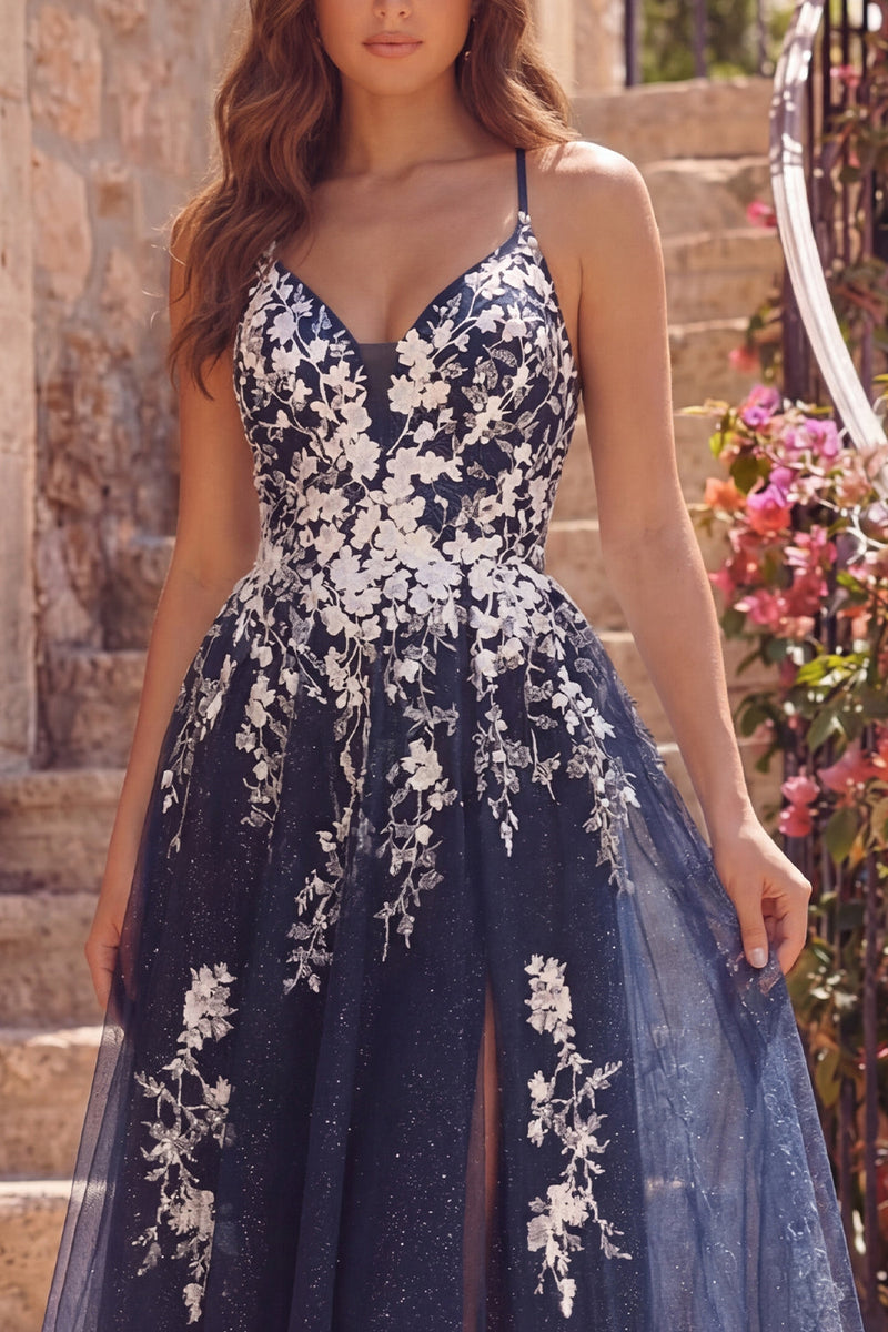 Laden Sie das Bild in den Galerie-Viewer, Spaghettiträger A Linie Blumen Glitzerndes Marineblau Kurzes Ballkleid mit Schlitz