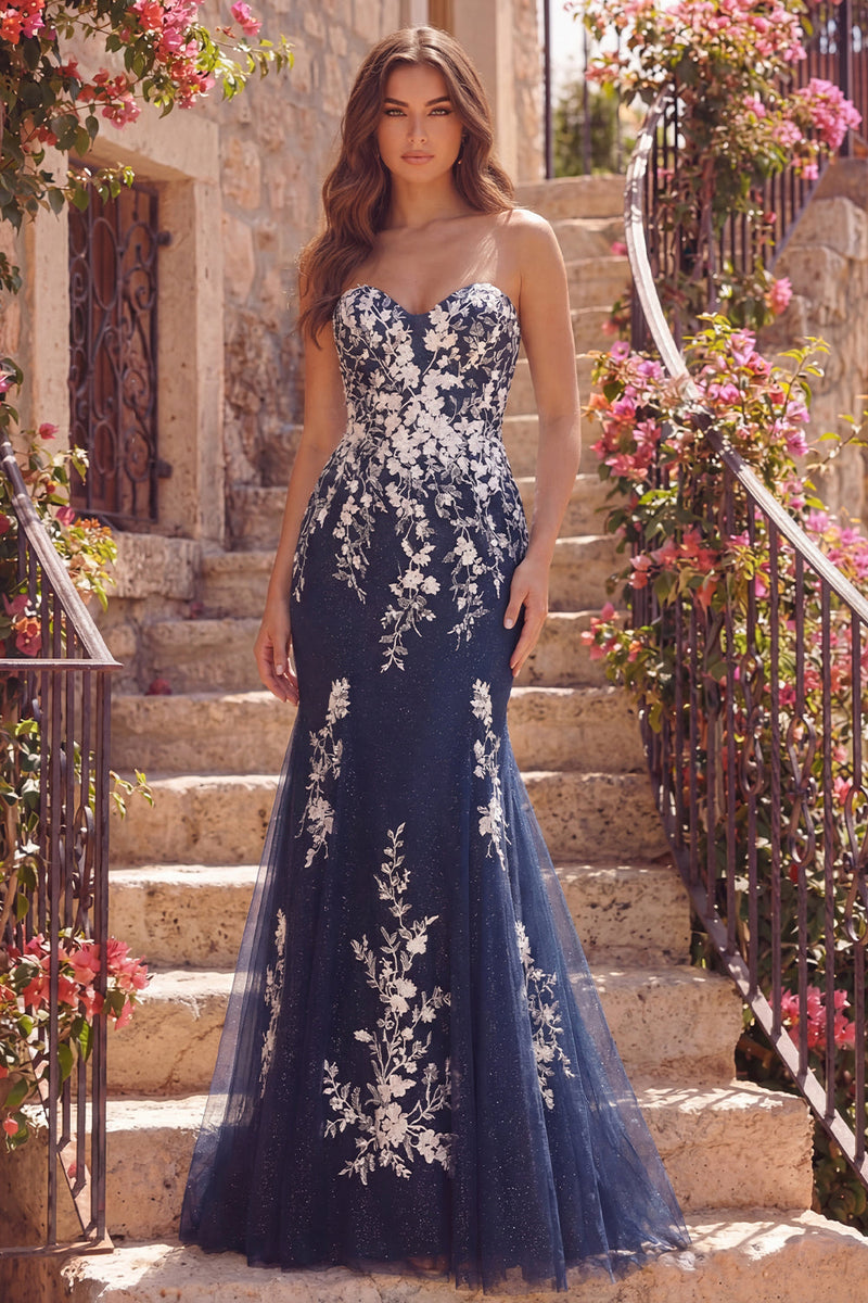 Laden Sie das Bild in den Galerie-Viewer, Trägerlos Blumen Meerjungfrau Marine Glitzer Lang Ballkleid