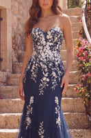 Laden Sie das Bild in den Galerie-Viewer, Trägerlos Blumen Meerjungfrau Marine Glitzer Lang Ballkleid