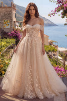 Laden Sie das Bild in den Galerie-Viewer, Champagner Korsett Schulterfrei A Linie Blumen Lang Ballkleid