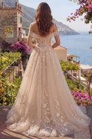 Laden Sie das Bild in den Galerie-Viewer, Champagner Korsett Schulterfrei A Linie Blumen Lang Ballkleid
