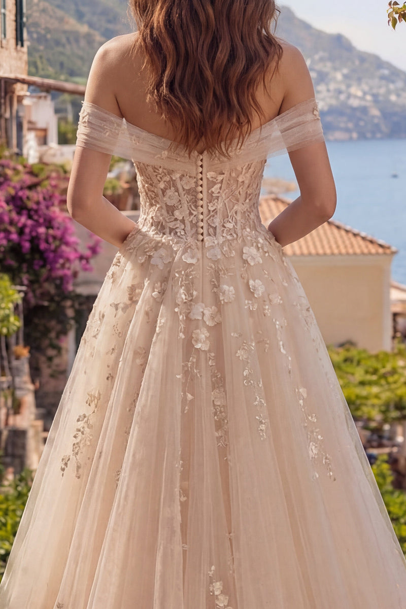 Laden Sie das Bild in den Galerie-Viewer, Champagner Korsett Schulterfrei A Linie Blumen Lang Ballkleid