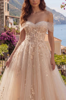 Laden Sie das Bild in den Galerie-Viewer, Champagner Korsett Schulterfrei A Linie Blumen Lang Ballkleid