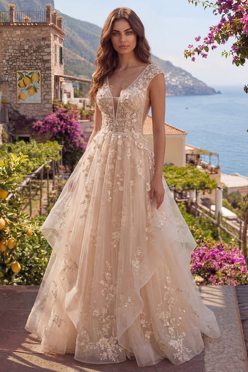 Laden Sie das Bild in den Galerie-Viewer, V-Ausschnitt Champagner A Linie Blumen Lang Ballkleid mit Rüschen