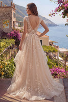 Laden Sie das Bild in den Galerie-Viewer, V-Ausschnitt Champagner A Linie Blumen Lang Ballkleid mit Rüschen